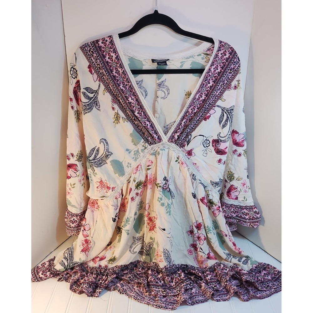 Angie Womens 2X Floral V-Neck Peplum Tunic Top Cream Pink Bell Sleeve Fairy Boho